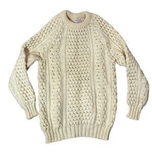 Vintage Fishermans Cable Knit Sweater 40 Ivory Creme Made in Ireland Hand Loomed